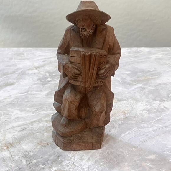 Unbranded Other - Hand Carved Wooden Figure Bearded Man Playing Accordion 8.5" Tall Folk Art